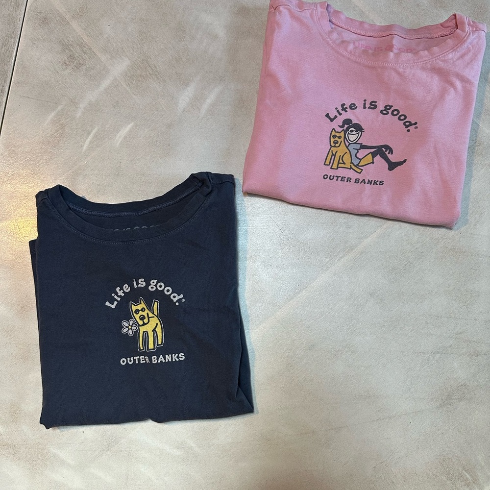 Life Is Good Pink and Black Graphic Tees